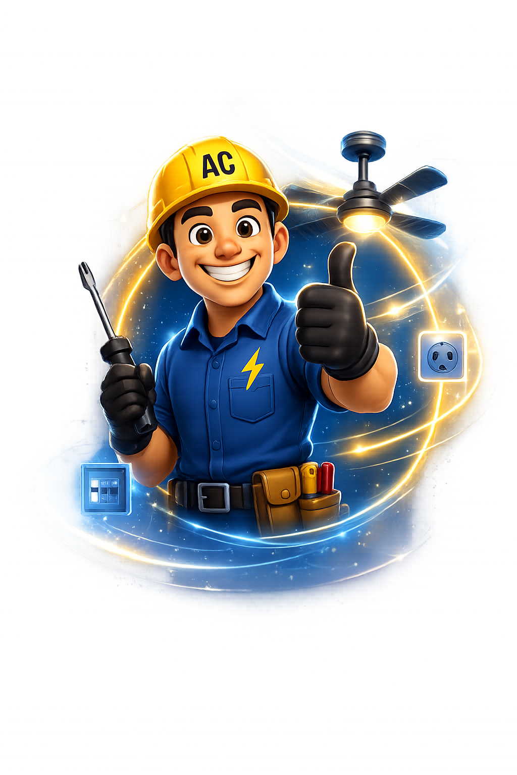Mascote Anderson, eletricista da AC, com capacete e ferramenta