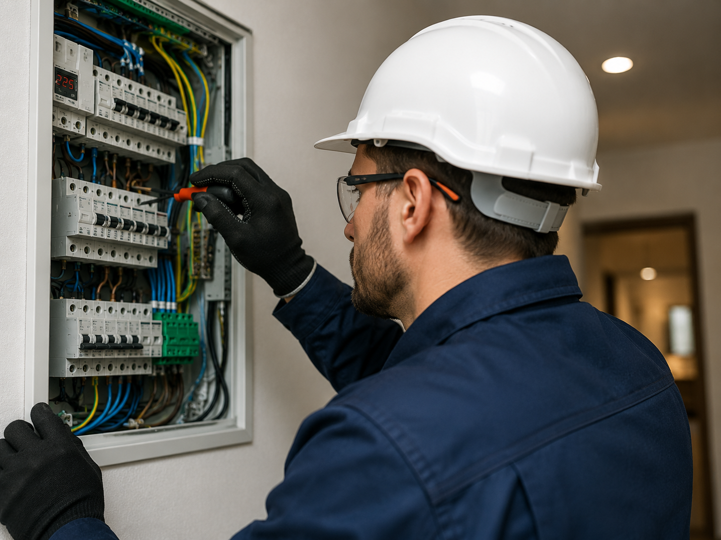 Eletricista realizando manutenção em um quadro de distribuição